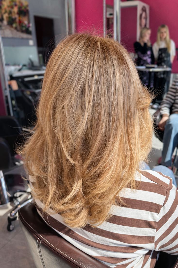 Złocisty blond na warstwowym cięciu półdługim — koloryzacja i modelowanie WSÓWKA, Lubin